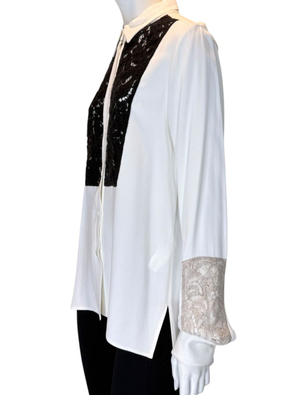 Agnona White Silk Viscose Lace Inset Shirt Blouse Black Beige Panel Italy Size 42