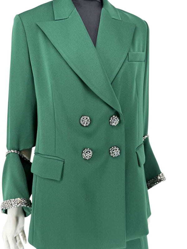Pamella Roland Green Pantsuit with Embellished Blazer – Large