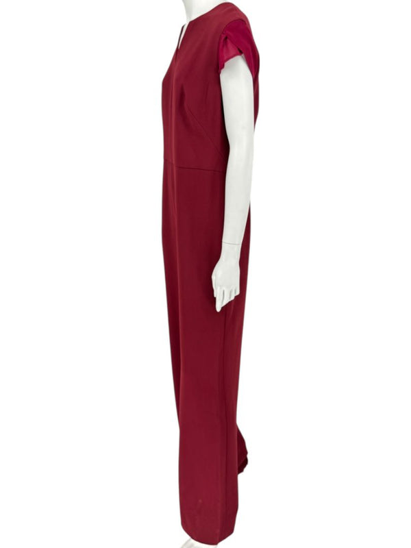 Pamella Roland Burgundy Cap-Sleeve Jumpsuit with Sheer Sash – Large