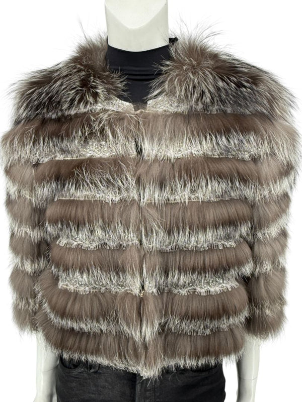 Pamella Roland Taupe Silver Fur Cape Style Jacket with Lace Trim – Sample Size Fits Like Large