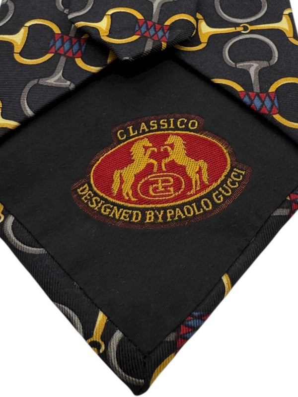 Paolo Gucci Silk Tie – Equestrian Bit Pattern – Black & Gold