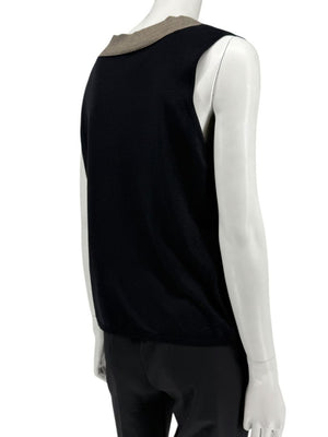 Akris Black Silk-Blend Knit Tank with Contrast V-Neck Trim – Size US 18
