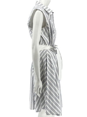 Lafayette 148 New York White & Navy Striped Sleeveless Shirtdress with Self-Tie Belt – Size XXL