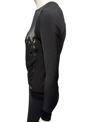 Lida Baday Black Sheer Mesh Embroidered Long Sleeve Top – Size XS