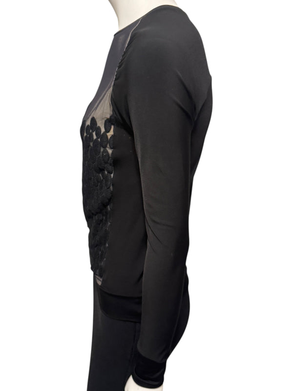 Lida Baday Black Sheer Mesh Embroidered Long Sleeve Top – Size XS
