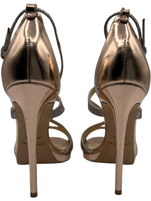 Jimmy Choo Metallic Rose Gold & Glitter Strappy Platform Sandals – Size 39