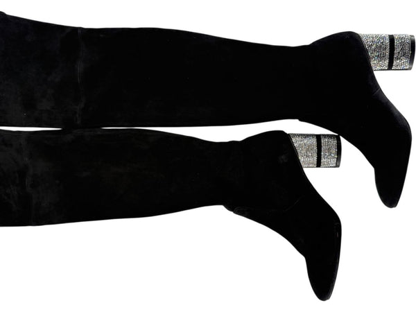 Stuart Weitzman Black Velvet Crystal Heel Over-the-Knee Boots – Size 9