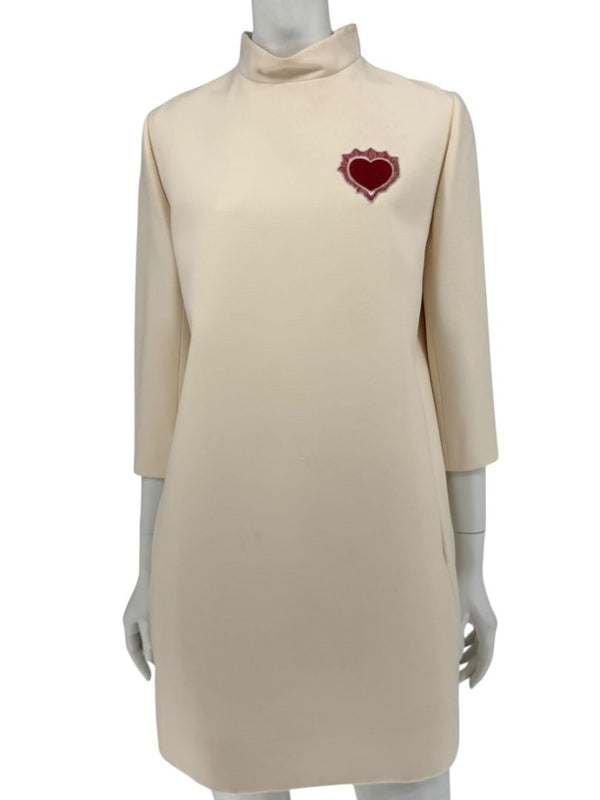 CHRISTIAN DIOR Ivory Wool-Silk Dress with Heart Appliqué - Size 10