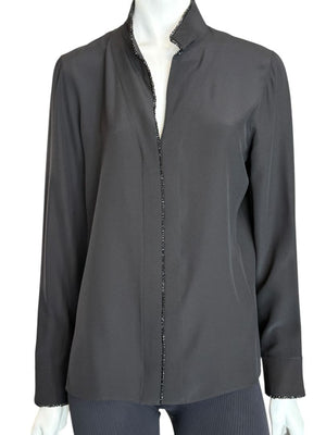 Akris Black Silk Blouse with Beaded Trim – Size US 10