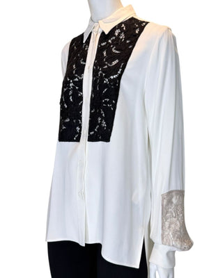 Agnona White Silk Viscose Lace Inset Shirt Blouse Black Beige Panel Italy Size 42