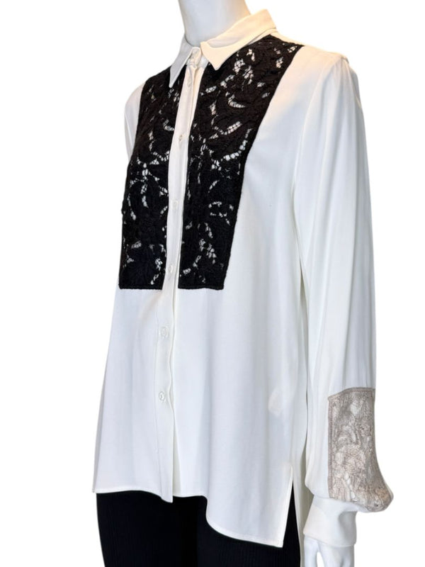 Agnona White Silk Viscose Lace Inset Shirt Blouse Black Beige Panel Italy Size 42