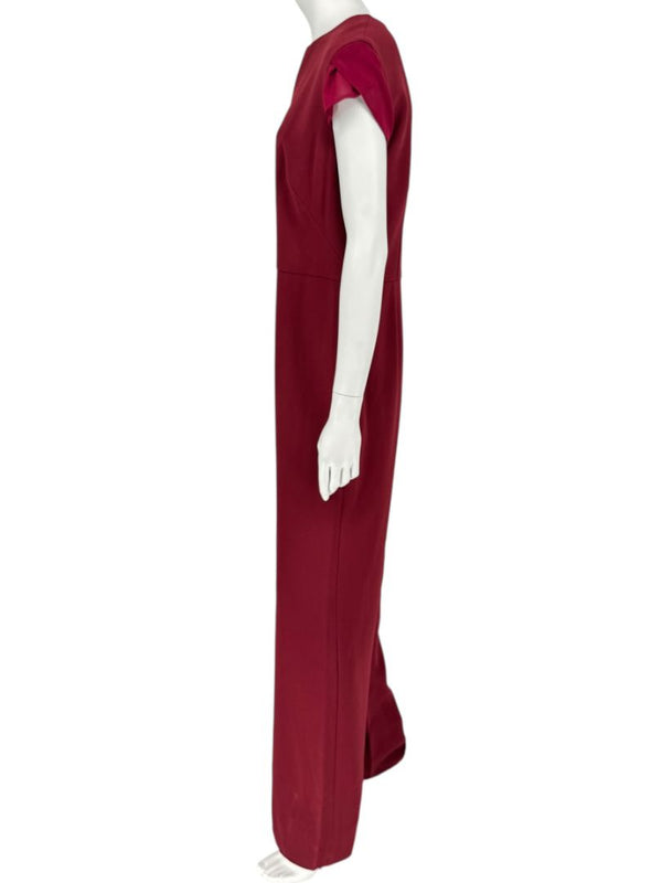 Pamella Roland Burgundy Cap-Sleeve Jumpsuit with Sheer Sash – Large