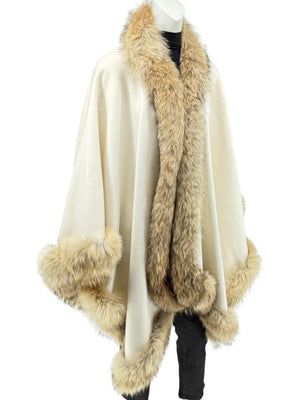 Pamella Roland Ivory Wool Cape Jacket with Natural Fur Trim – O/S