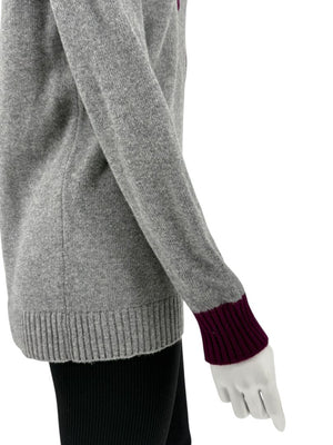 Chanel 2007A Grey and Purple Cashmere Beaded Crest Detail V Neck Sweater - Size 44