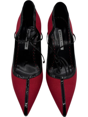 Manolo Blahnik Red Canvas & Patent Leather Lace-Up Pumps – Size 39.5