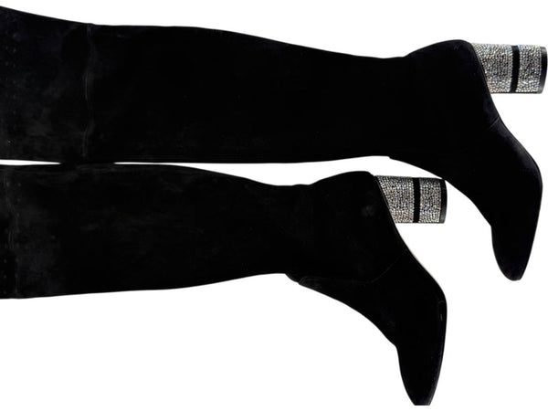 Stuart Weitzman Black Velvet Crystal Heel Over-the-Knee Boots – Size 9