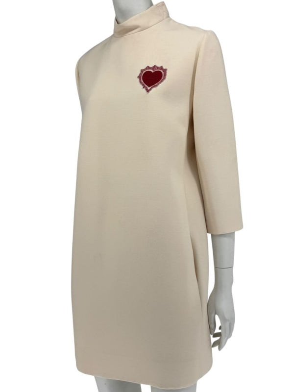 CHRISTIAN DIOR Ivory Wool-Silk Dress with Heart Appliqué - Size 10