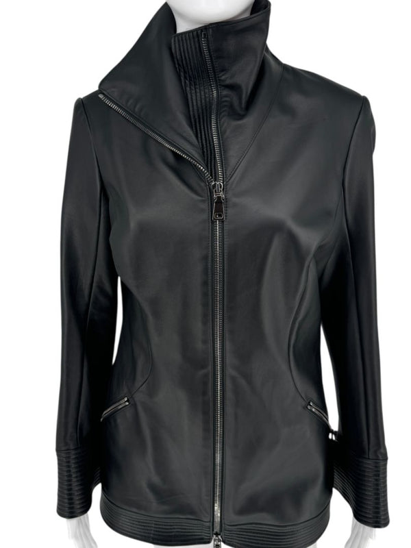 Pamella Roland Black Lambskin Moto-Inspired Leather Jacket – Large