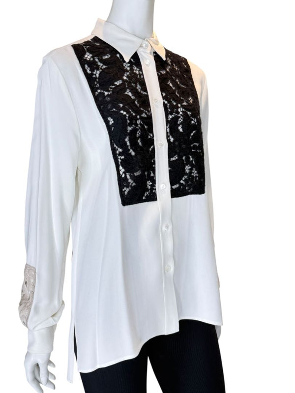 Agnona White Silk Viscose Lace Inset Shirt Blouse Black Beige Panel Italy Size 42