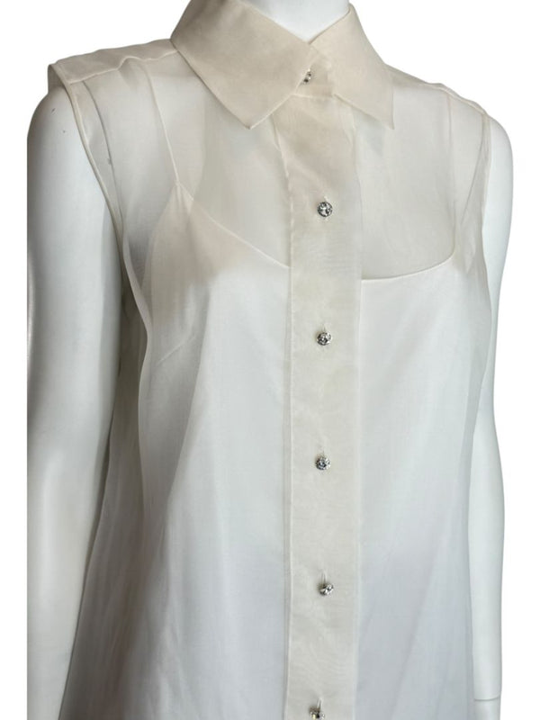 Pamella Roland Sleeveless Organza Blouse with Jewel Buttons - Large