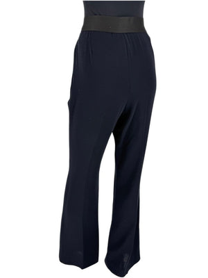 Akris Navy Wool Wide-Leg Trousers with Contrast Waistband – Size IT 46 (US 10)