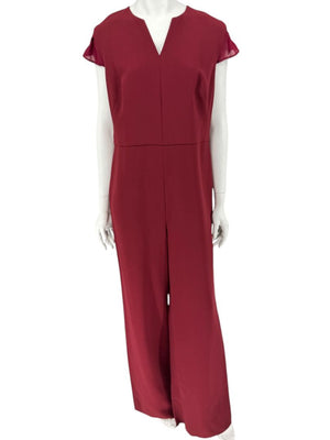 Pamella Roland Burgundy Cap-Sleeve Jumpsuit with Sheer Sash – Large