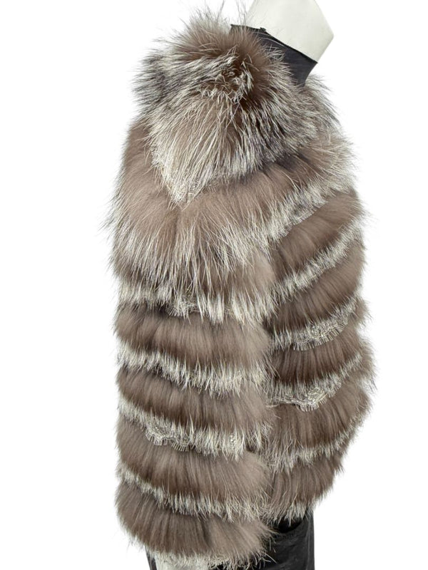 Pamella Roland Taupe Silver Fur Cape Style Jacket with Lace Trim – Sample Size Fits Like Large
