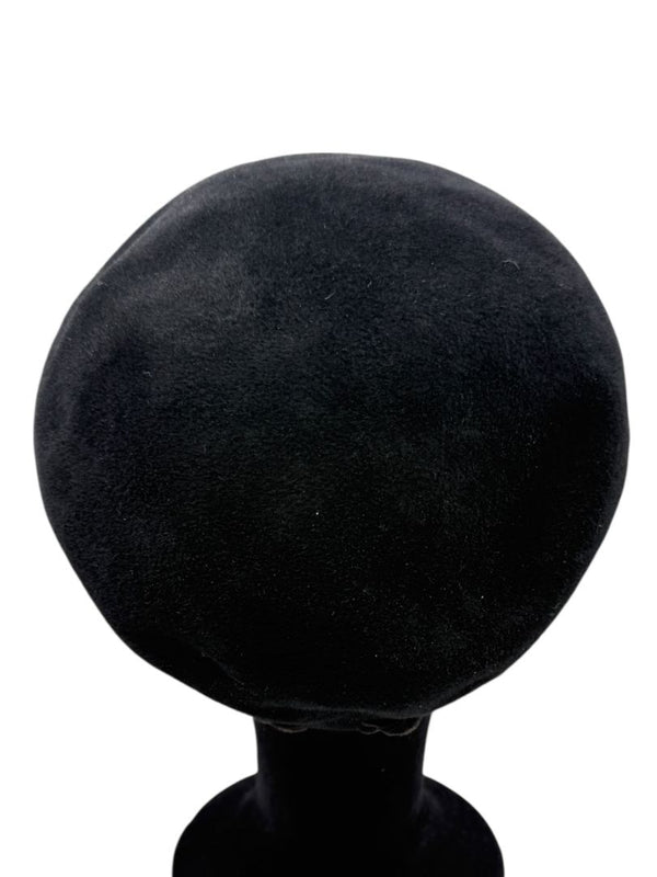 Tracy Watts Black Wool Beret with Velvet Ribbon Trim