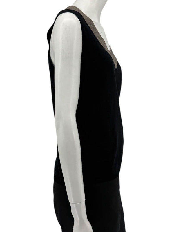 Akris Black Silk-Blend Knit Tank with Contrast V-Neck Trim – Size US 18