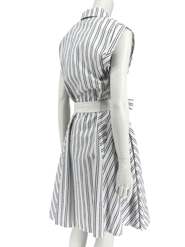 Lafayette 148 New York White & Navy Striped Sleeveless Shirtdress with Self-Tie Belt – Size XXL