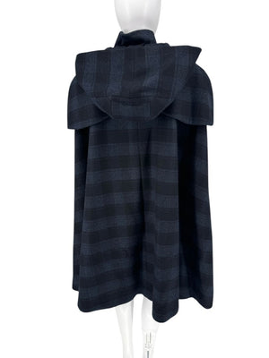 Chanel Navy & Black Plaid Wool Hooded Cape with Logo Buttons – Size FR 44 - *RARE*