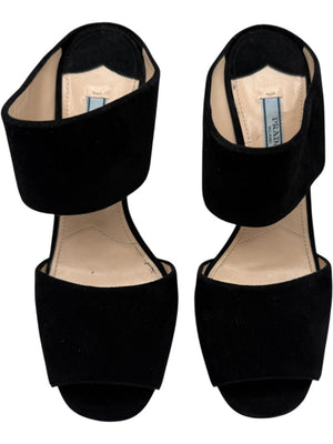 Prada Black Suede Cutout Wedge Sandals – Size 39