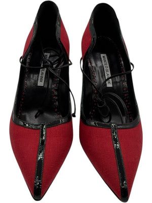Manolo Blahnik Red Canvas & Patent Leather Lace-Up Pumps – Size 39.5