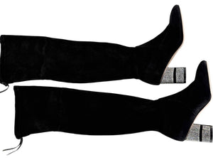 Stuart Weitzman Black Velvet Crystal Heel Over-the-Knee Boots – Size 9