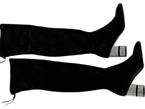 Stuart Weitzman Black Velvet Crystal Heel Over-the-Knee Boots – Size 9