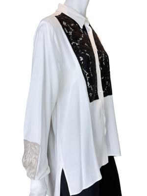 Agnona White Silk Viscose Lace Inset Shirt Blouse Black Beige Panel Italy Size 42