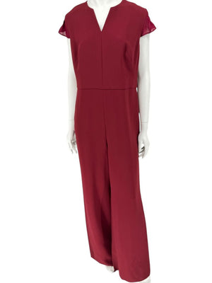 Pamella Roland Burgundy Cap-Sleeve Jumpsuit with Sheer Sash – Large
