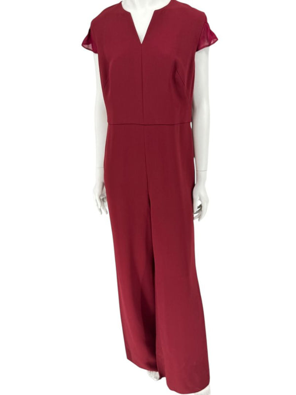 Pamella Roland Burgundy Cap-Sleeve Jumpsuit with Sheer Sash – Large