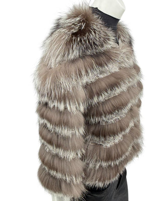 Pamella Roland Taupe Silver Fur Cape Style Jacket with Lace Trim – Sample Size Fits Like Large