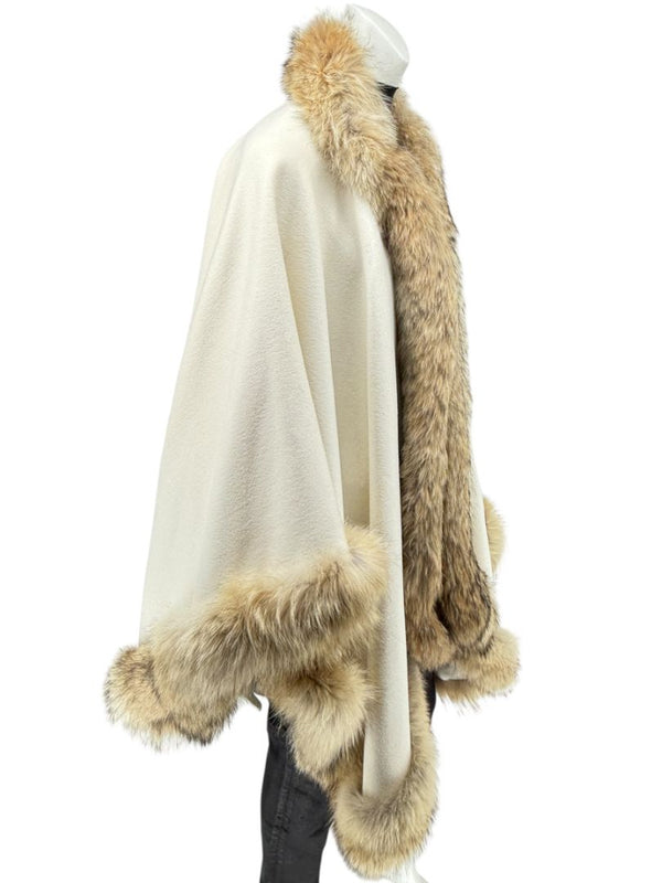 Pamella Roland Ivory Wool Cape Jacket with Natural Fur Trim – O/S