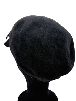 Tracy Watts Black Wool Beret with Velvet Ribbon Trim