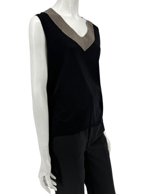 Akris Black Silk-Blend Knit Tank with Contrast V-Neck Trim – Size US 18