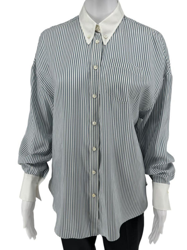 Brunello Cucinelli Striped Silk Shirt with Contrast Collar – Size M