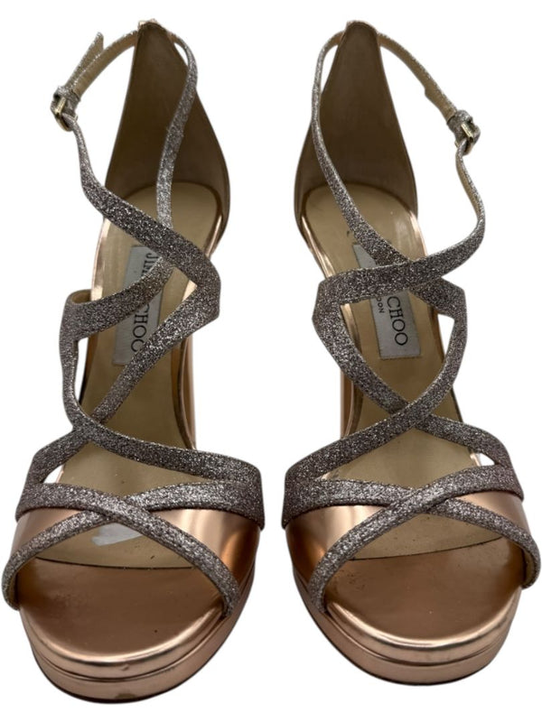 Jimmy Choo Metallic Rose Gold & Glitter Strappy Platform Sandals – Size 39