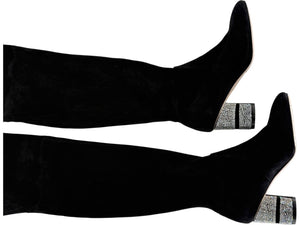 Stuart Weitzman Black Velvet Crystal Heel Over-the-Knee Boots – Size 9