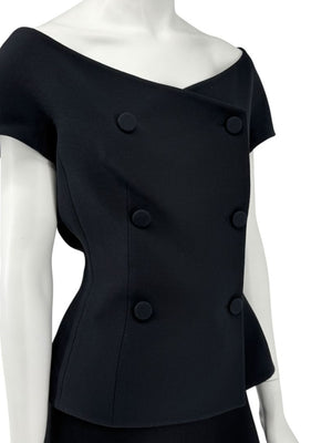 Christian Dior Paris Black Off-Shoulder Wool-Silk Asymmetric Button Top – Size FR 42 / US 10