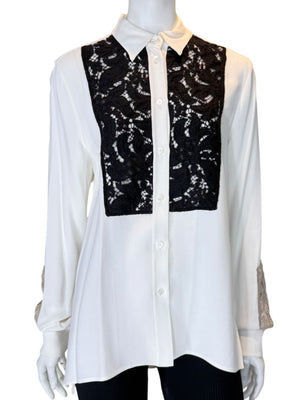 Agnona White Silk Viscose Lace Inset Shirt Blouse Black Beige Panel Italy Size 42