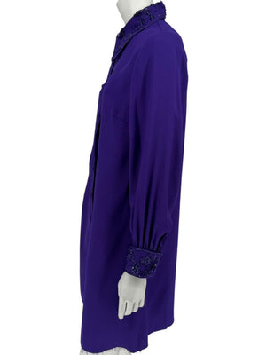 Pamella Roland Purple Beaded Collar & Cuff Shirt Dress with Slip – Large