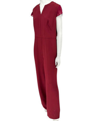 Pamella Roland Burgundy Cap-Sleeve Jumpsuit with Sheer Sash – Large