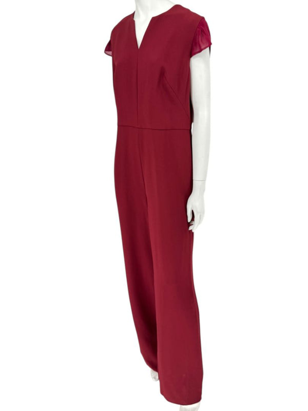 Pamella Roland Burgundy Cap-Sleeve Jumpsuit with Sheer Sash – Large